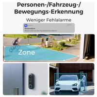 'Personen-/Fahrzeug-/Bewegungs-Erkennung' Überschrift mit Bildern. Oben: Person mit Fahrrad, markierte Zone. Unten: Türklingel, Auto in Zone.